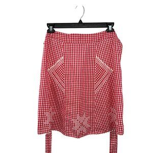 Vintage Red Gingham Half Apron Embroidered Pockets Farmhouse OSFM